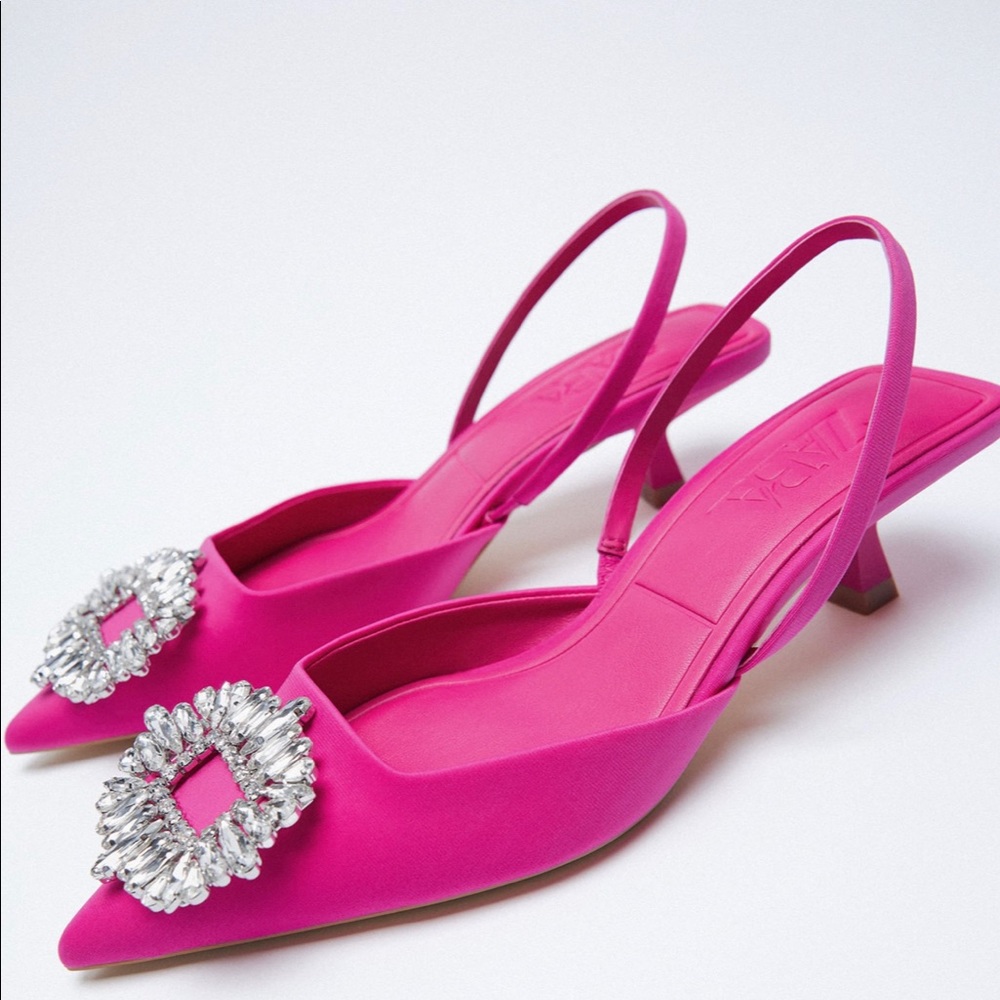 Zara size 9 pink satin sling back heels, low heel, crystal buckle